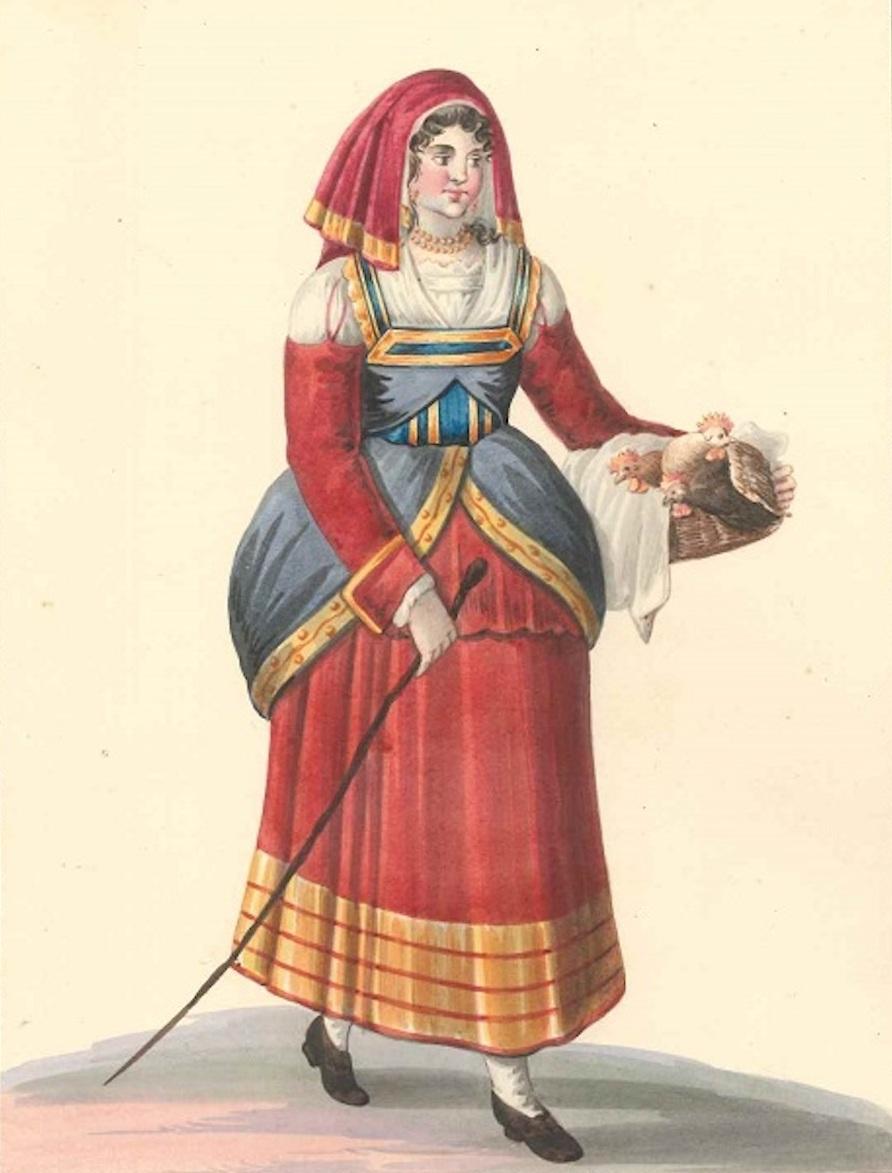 Italian Woman with Chickens - Watercolor by M. De Vito - 1820 ca.