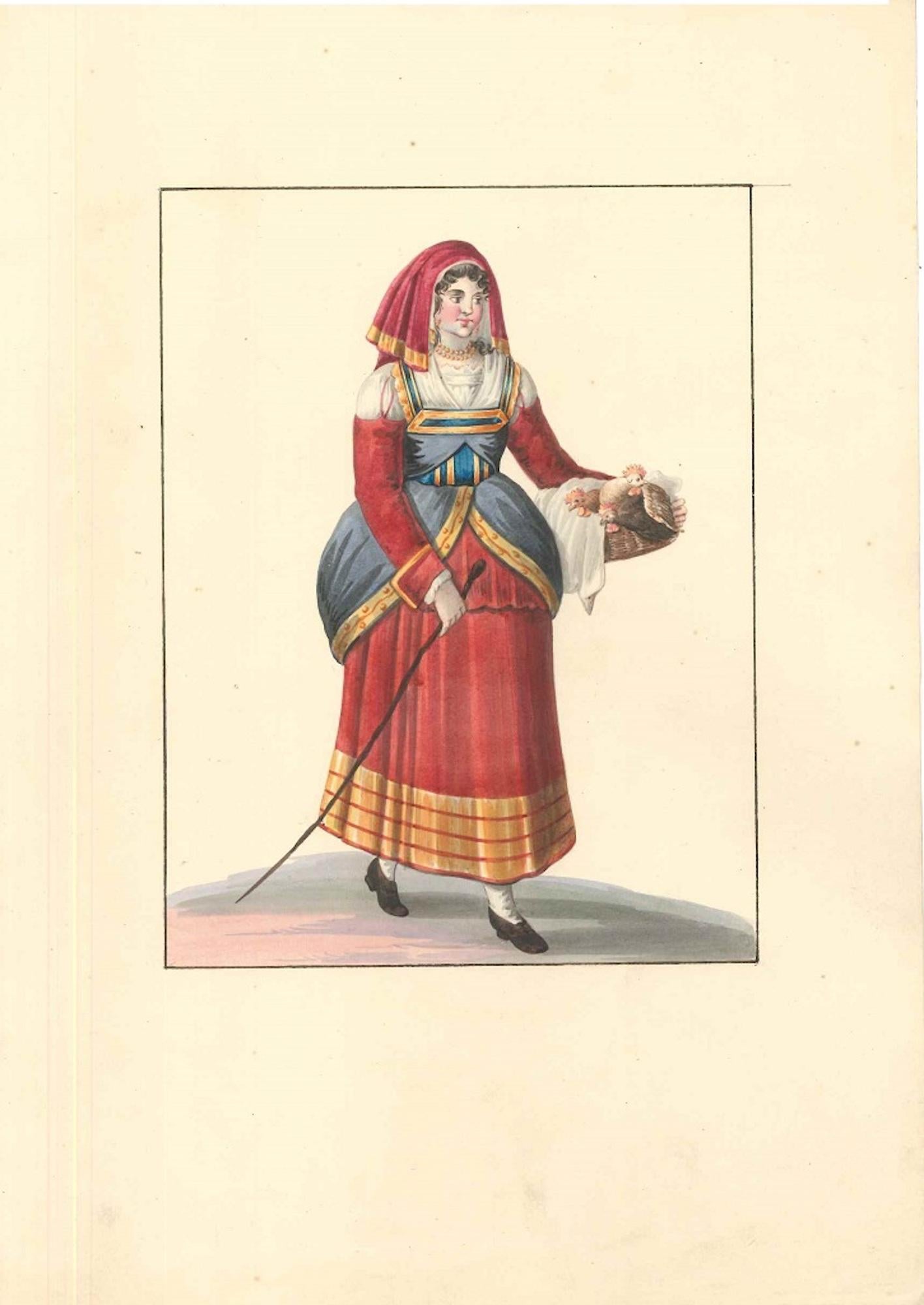 Italian Woman with Chickens - Watercolor by M. De Vito - 1820 ca. - Art by Michela De Vito