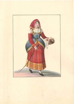 Italian Woman with Chickens - Watercolor by M. De Vito - 1820 ca.