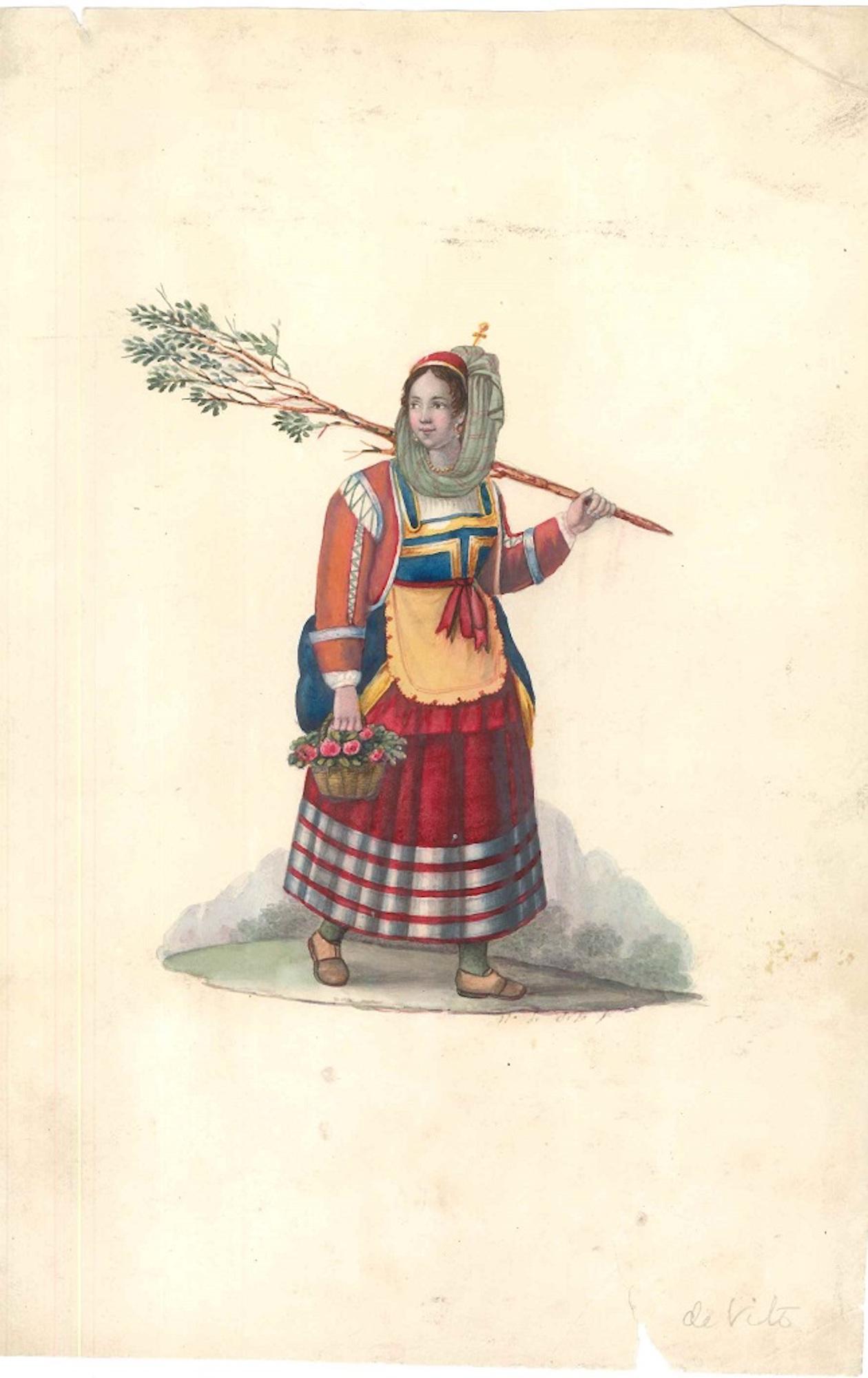 Woman with Flowers - Watercolor by M. De Vito - 1820 ca. - Art by Michela De Vito