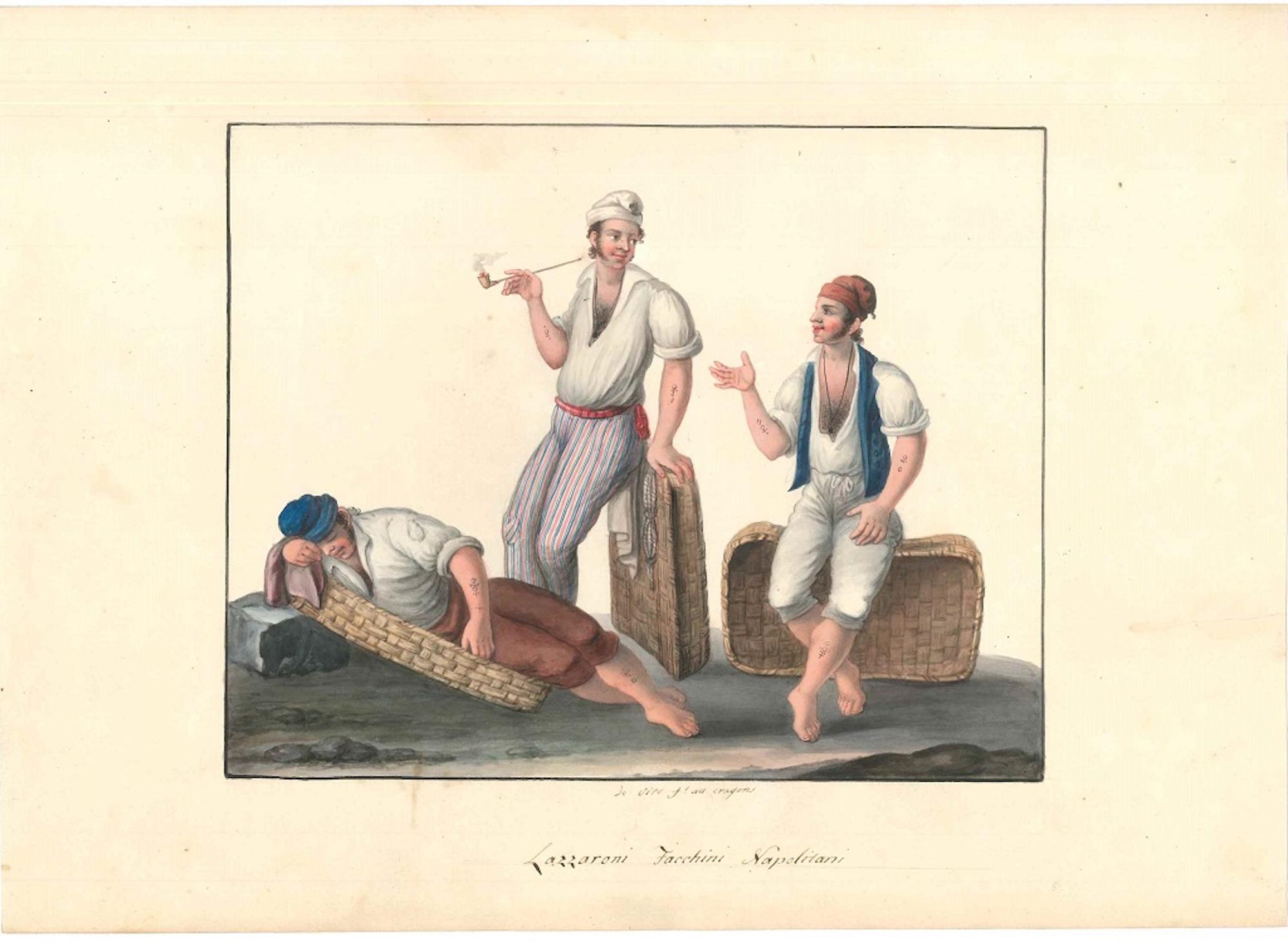 Lazzaroni Facchini Napolitani - Watercolor by M. De Vito - 1820 ca. - Art by Michela De Vito