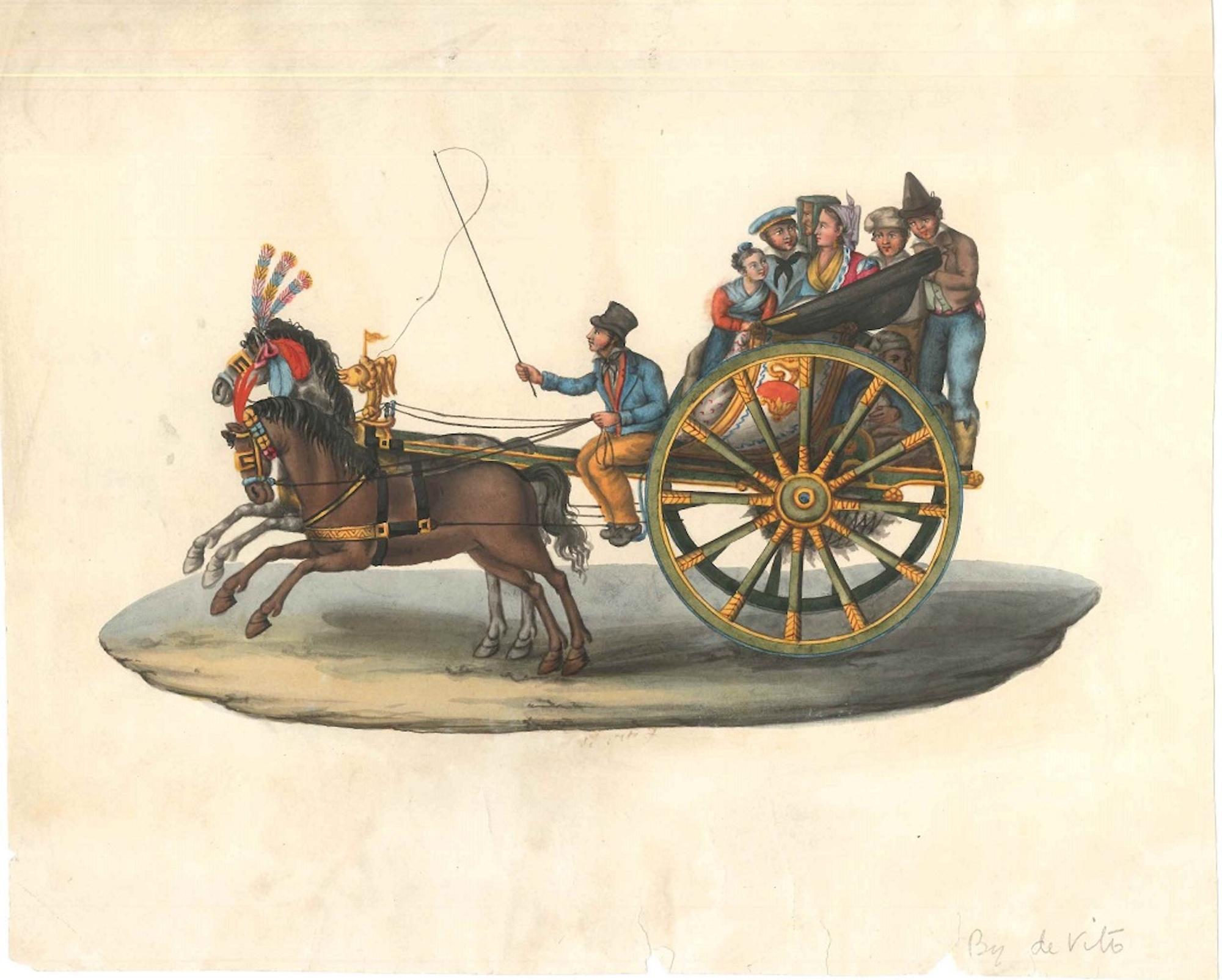 Carretto Siciliano (Sizilianische Kutsche) – Aquarell von M. De Vito – 1820 ca.