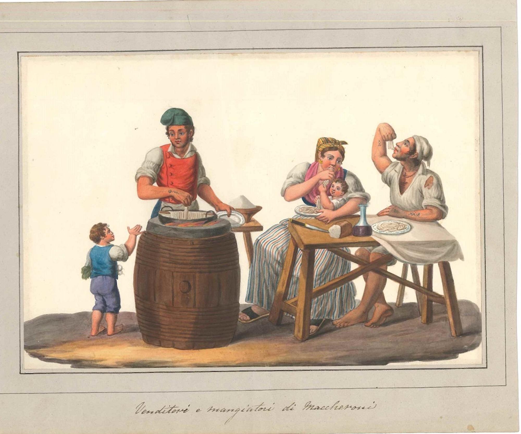 Venditori e Mangiatori di Maccheroni - Watercolor by M. De Vito - 1820 ca.