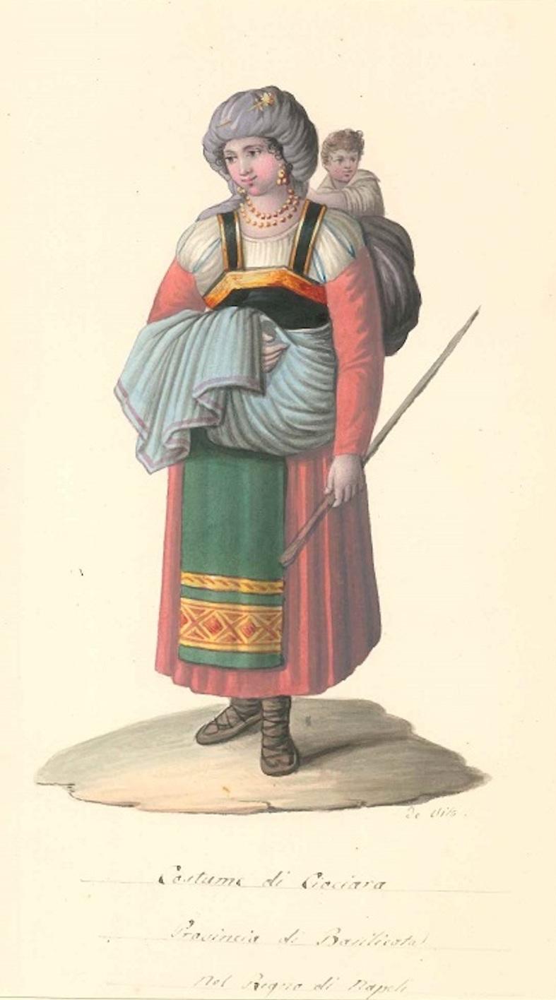 Michela De Vito Figurative Art - Costume di Ciociara - Watercolor by M. De Vito - 1820 ca.
