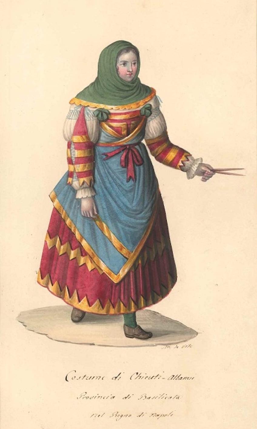 Michela De Vito Figurative Art - Costume di Chieuti Albanesi - Watercolor by M. De Vito - 1820 ca.