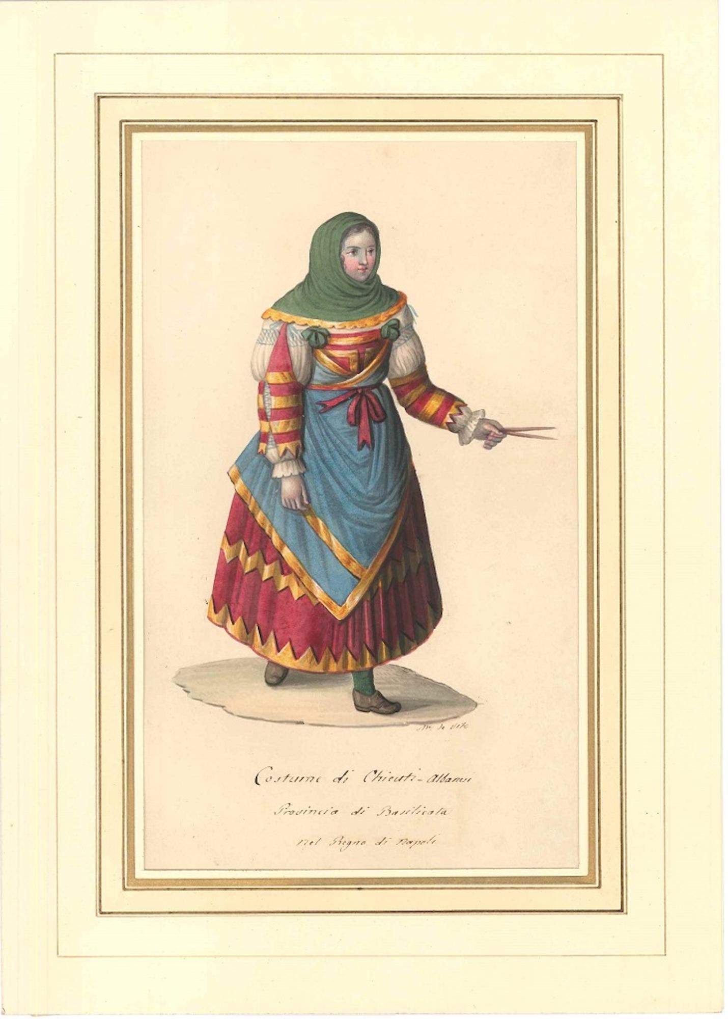 Costume di Chieuti Albanesi - Watercolor by M. De Vito - 1820 ca. - Art by Michela De Vito