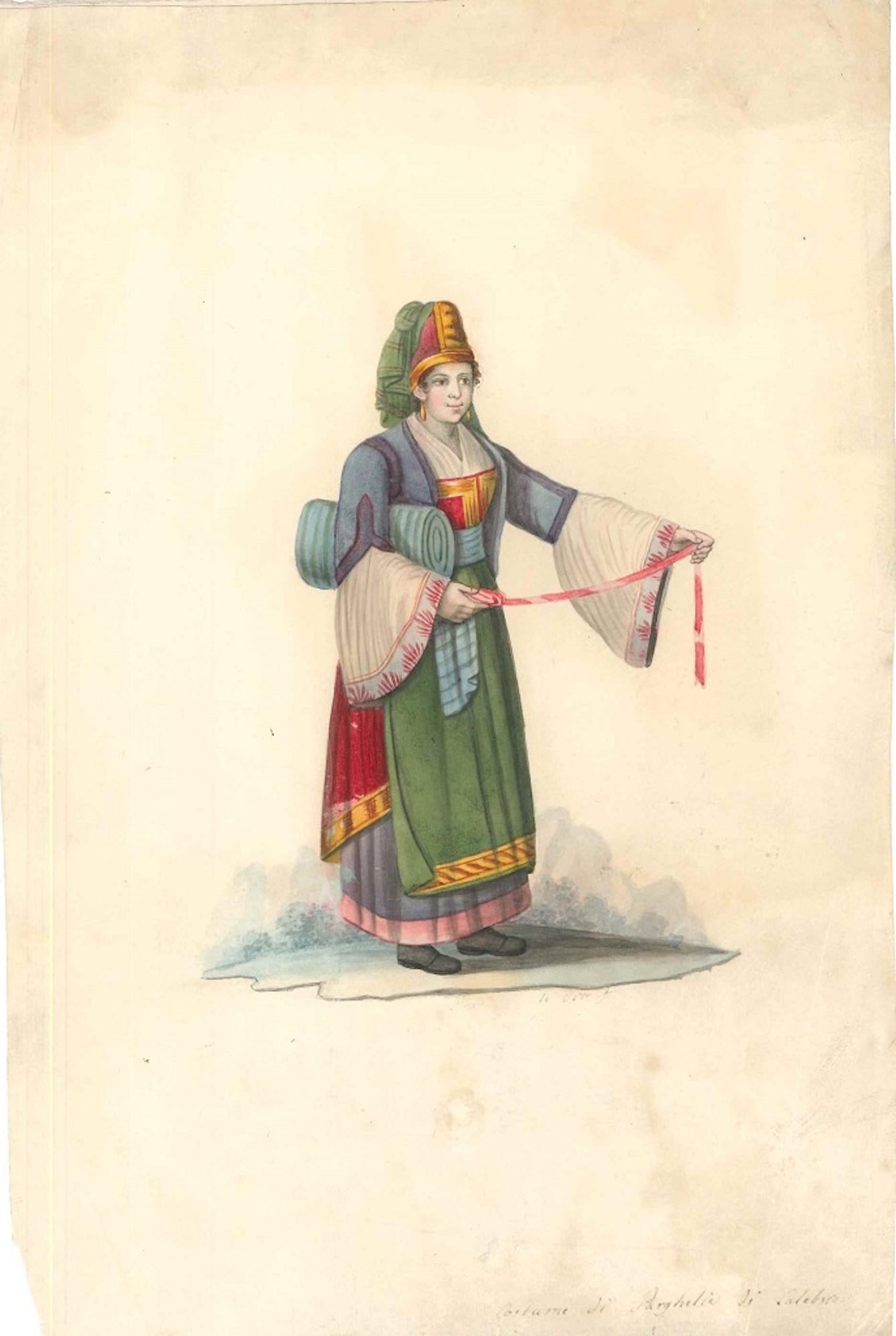 Kostüm di Parghelia di Calabria - Aquarell von M. De Vito - 1820 ca. – Art von Michela De Vito