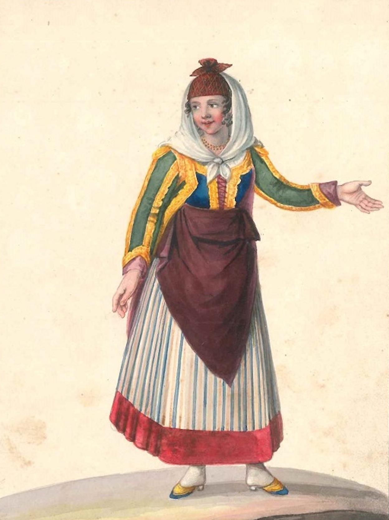 Michela De Vito Figurative Art - Costume di Procida - Watercolor by M. De Vito - 1820 ca.
