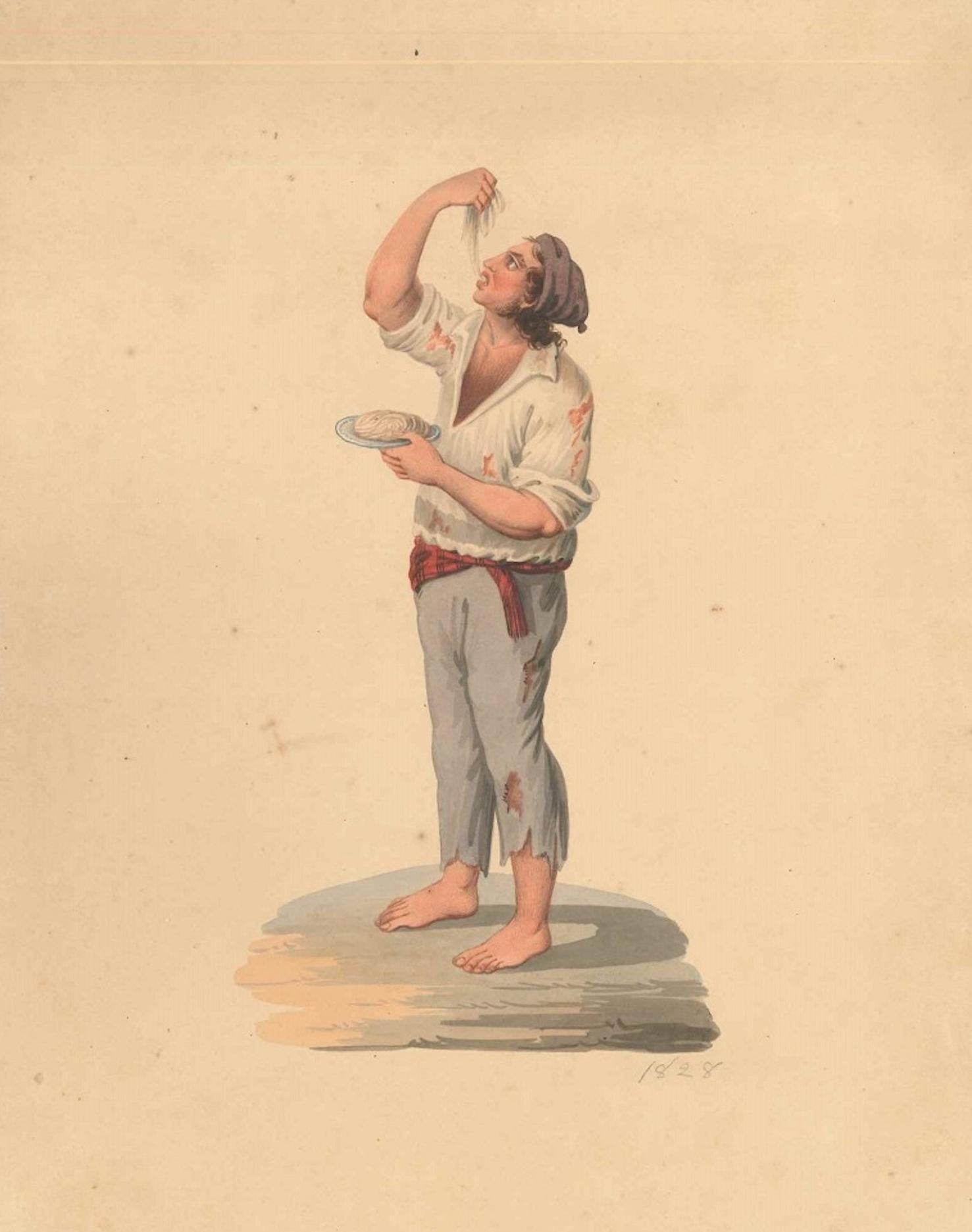 Michela De Vito Figurative Art – Man Eating Spaghetti - Aquarell von M. De Vito - 1820 ca.