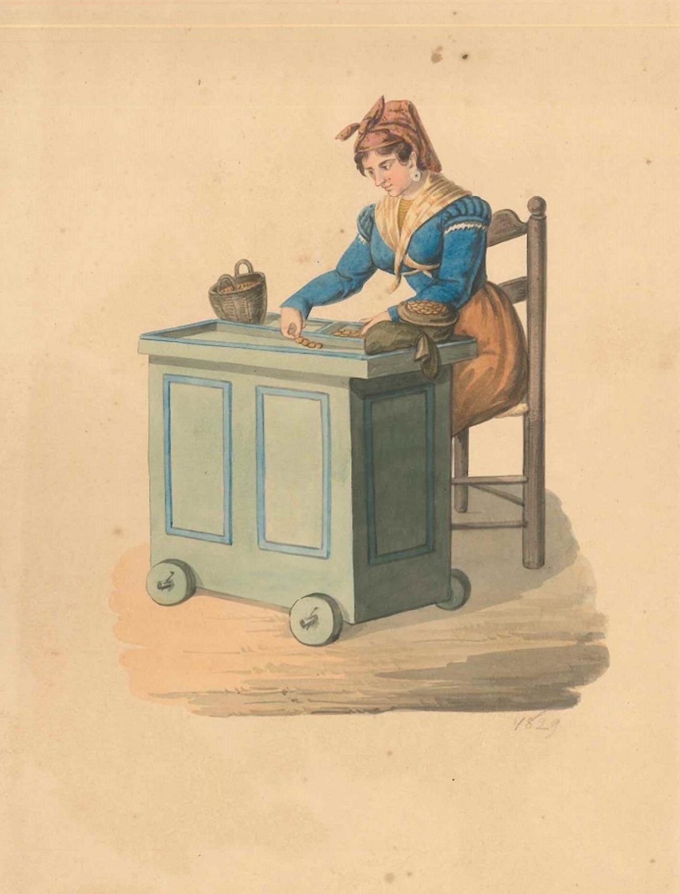 Figurative Art Michela De Vito - Femme napolitaine au travail - Aquarelle de M. De Vito - 1820 environ.