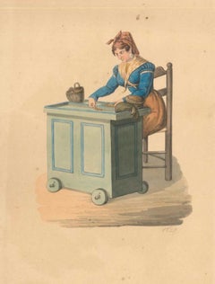 Antique Neapolitan Woman at Work - Watercolor by M. De Vito - 1820 ca.