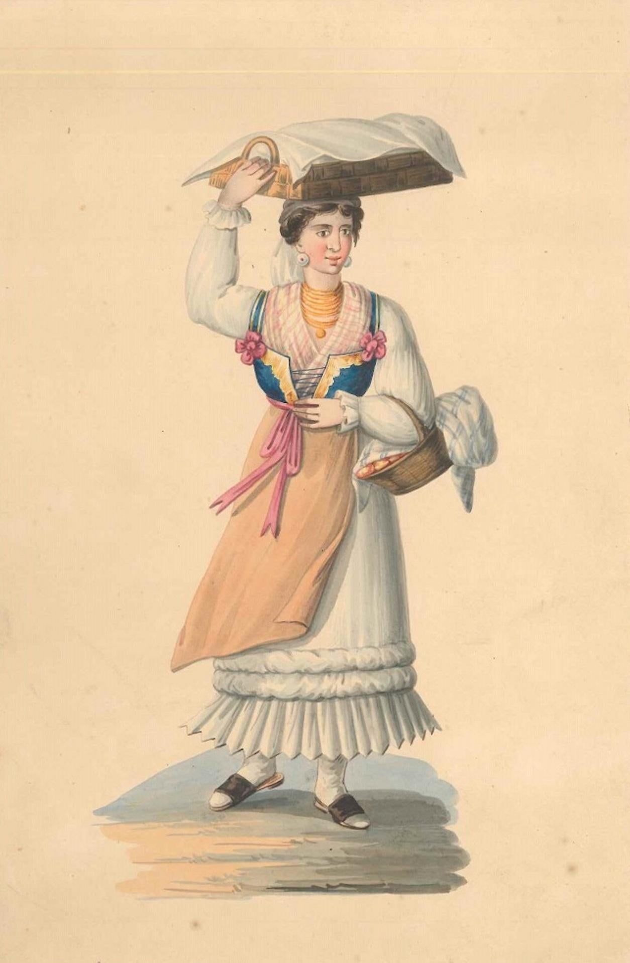 Michela De Vito Figurative Art - Woman with Baskets - Watercolor by M. De Vito - 1820 ca.