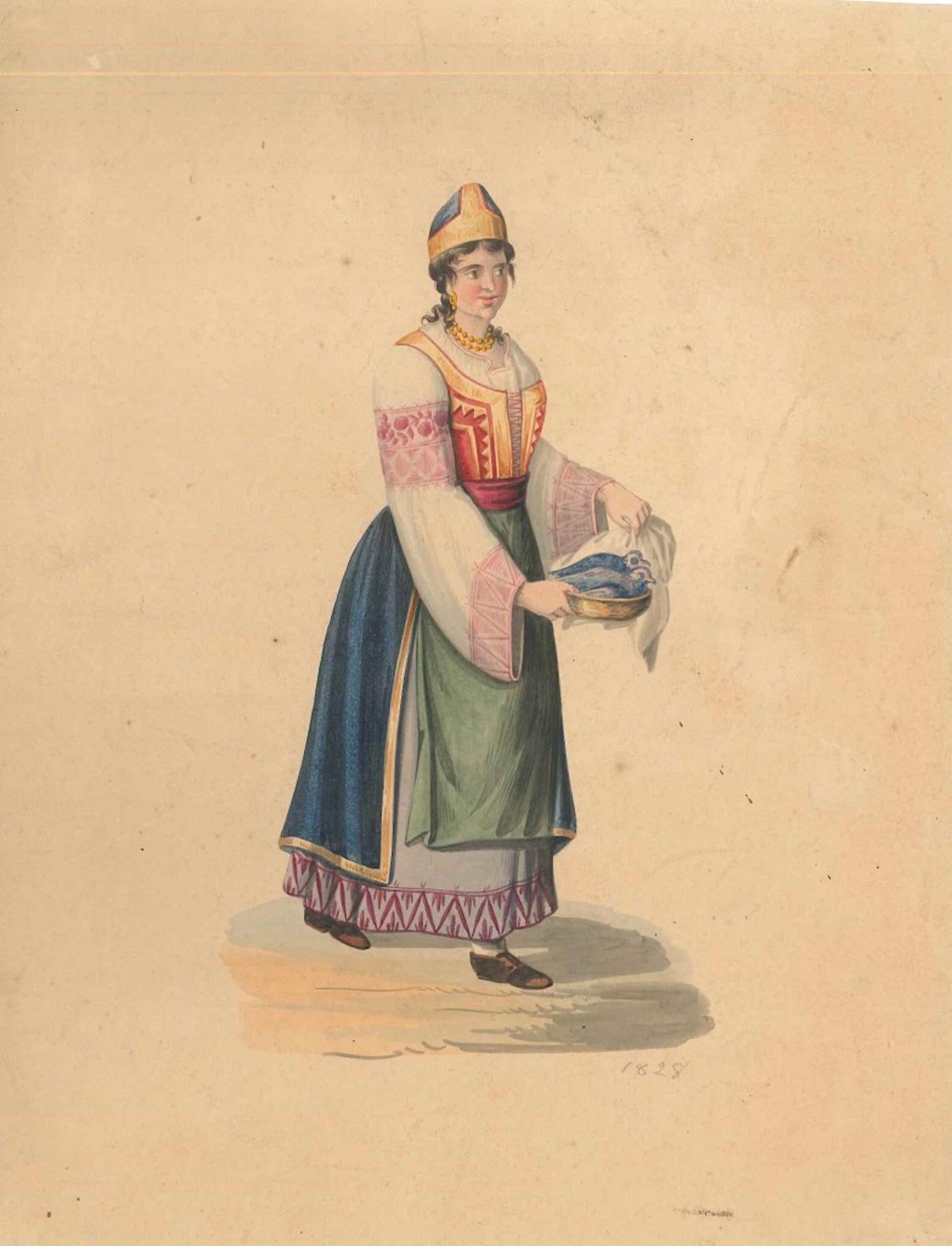 Michela De Vito Figurative Art - Woman in Typical Costumes  - Watercolor by M. De Vito - 1820 ca.