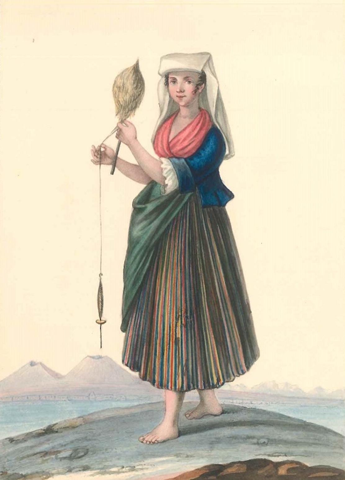 Michela De Vito Figurative Art - Costume Napolitano del Borgo di Chiaja  - Watercolor by M. De Vito - 1820 ca.