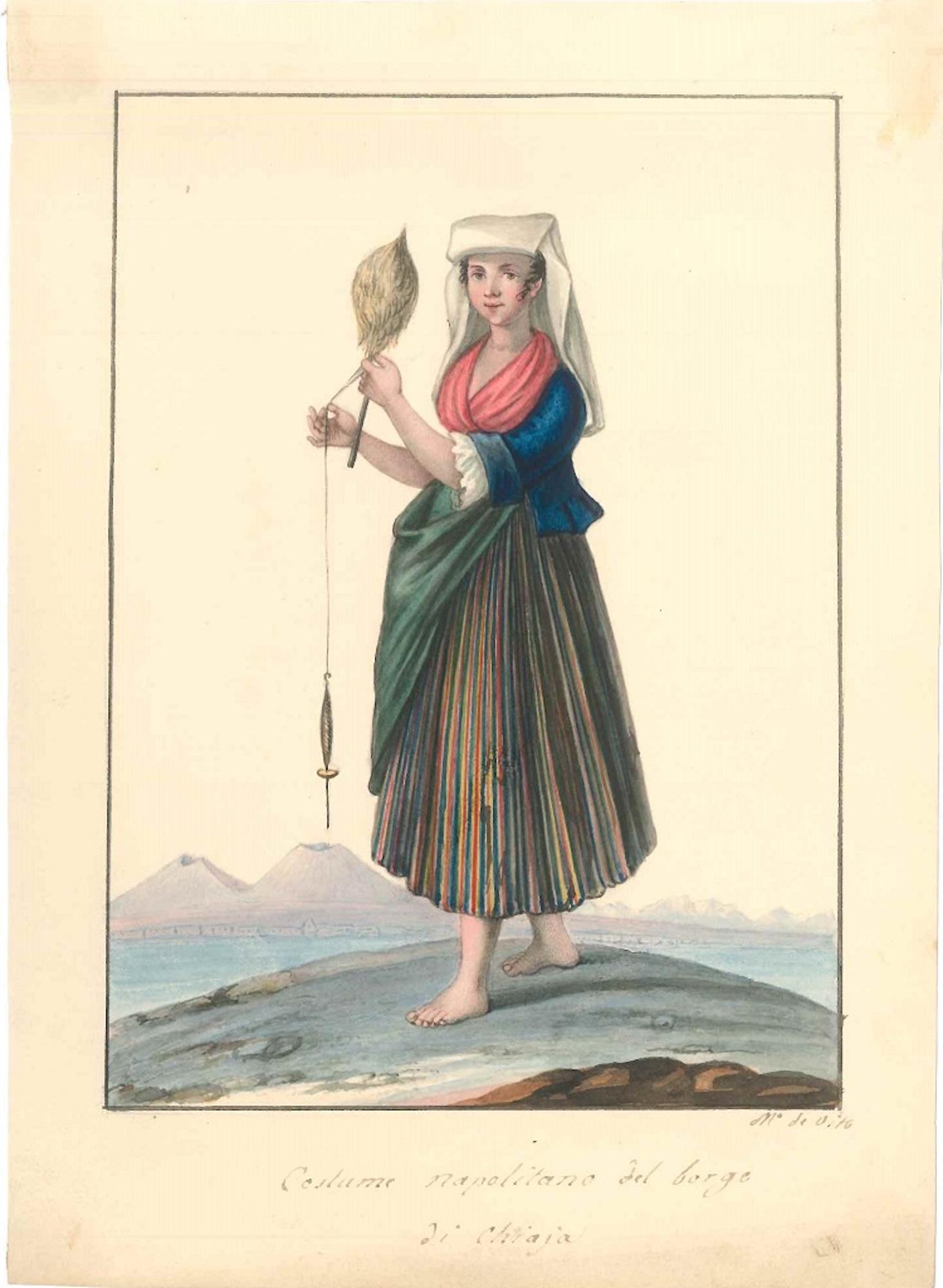 Traje Napolitano del Borgo di Chiaja  - Acuarela de M. De Vito - 1820 ca. - Art de Michela De Vito