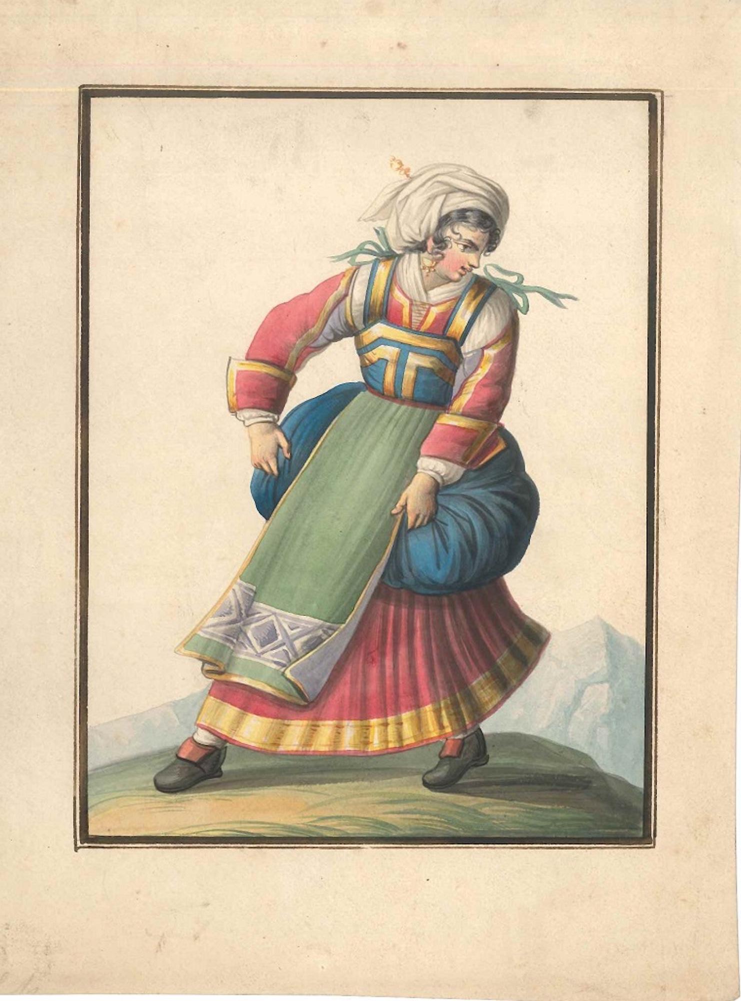 Woman in Typical Italian Costumes (Femme en costume italienne)   - Aquarelle de M. De Vito, 1820 environ. - Art de Michela De Vito