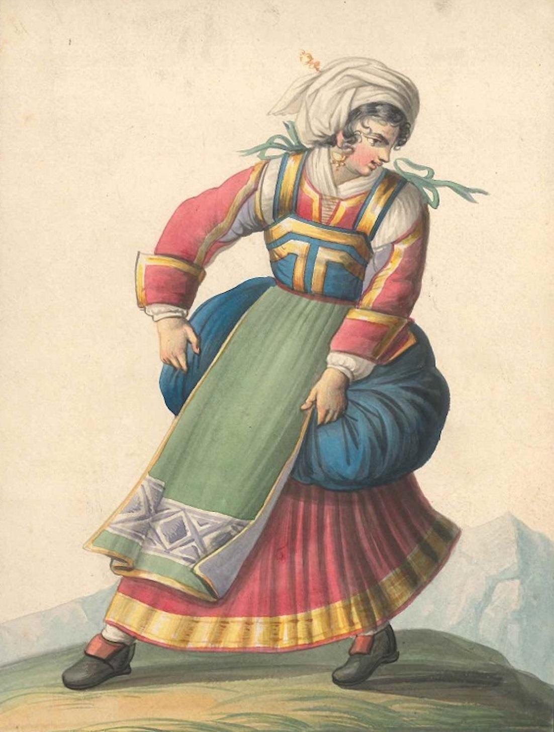 Woman in Typical Italian Costumes   - Watercolor by M. De Vito - 1820 ca.