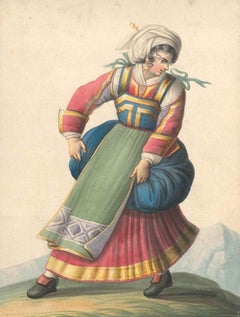 Mujer con trajes típicos italianos   - Acuarela de M. De Vito - 1820 ca.