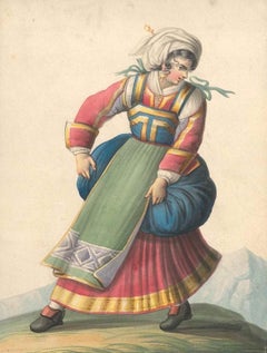 Woman in Typical Italian Costumes   - Watercolor by M. De Vito - 1820 ca.