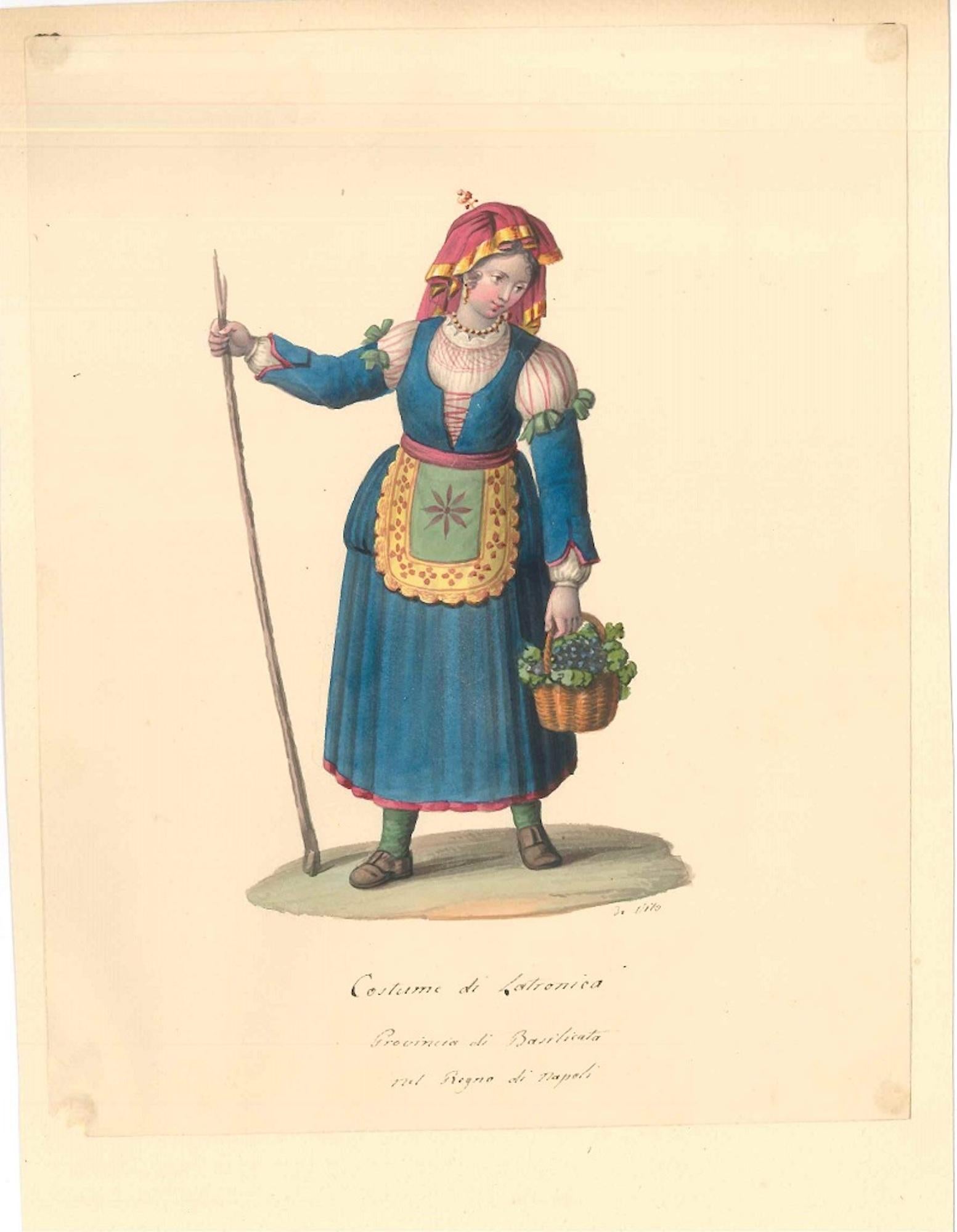 Michela De Vito Figurative Art - Costume di Latronica   - Watercolor by M. De Vito - 1820 ca.