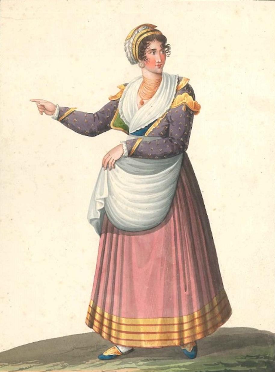 Michela De Vito Figurative Art - Costume Napolitano del basso volgo  - Watercolor by M. De Vito - 1820 ca.