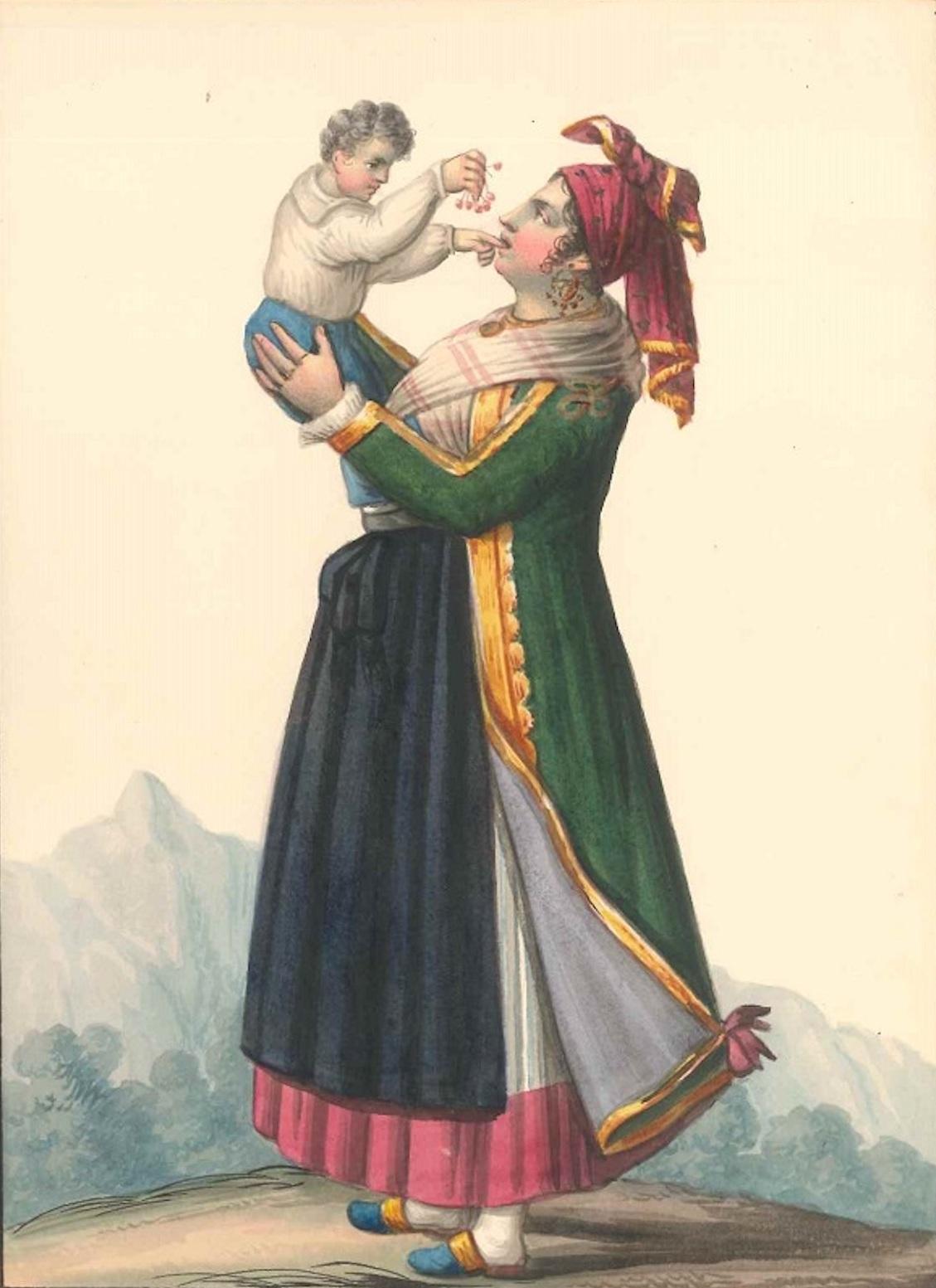 Michela De Vito Figurative Art - Costume dell'Isola di Procida  - Watercolor by M. De Vito - 1820 ca.