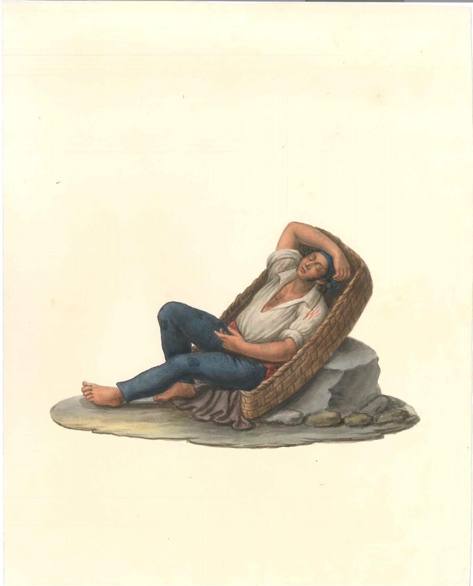 Figurative Art de Michela De Vito - Hombre en una cesta  - Acuarela de M. De Vito