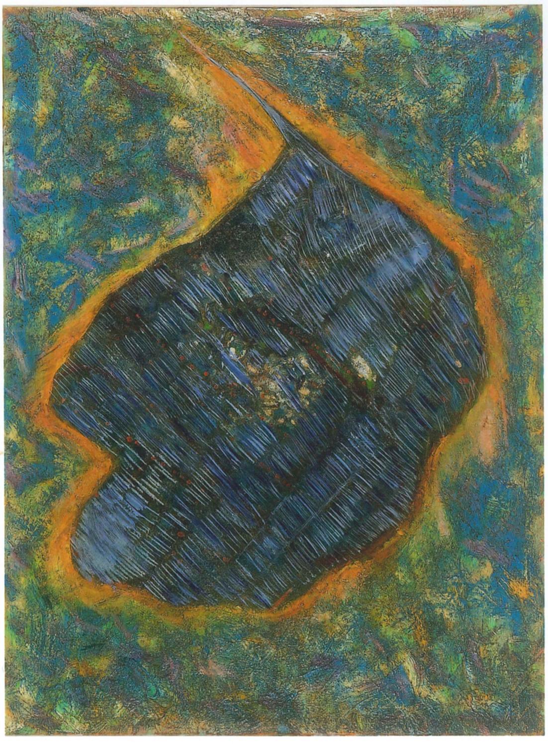 The Last Meteorite is an original artwork realized by Giorgio Lo Fermo in 1998.

Oil on canvas.

This abstract composition is characterized by a central shape that reminds to a meteorite: the colors blue and dark green create a lovely contrast. The
