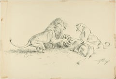 Les lions en train de Contener  - Dessin original au fusain de Willy Lorenz - Milieu du XXe siècle