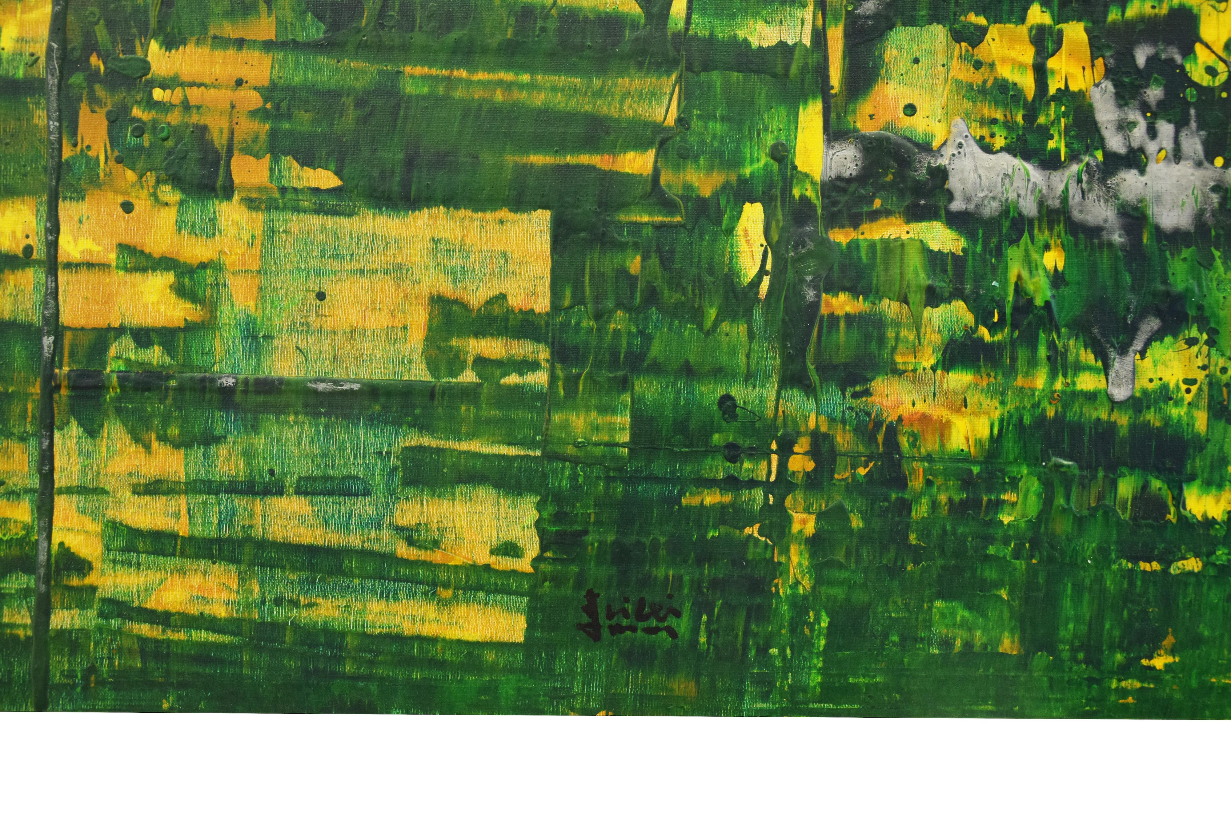 Spring Water Joins Heaven is a fascinating abstract painting realized by the contemporary artist Li Lei in 2007.

This vertical original artwork represents an abstract composition in dark green and fluo-yellow. The brushwork is unexpected: the