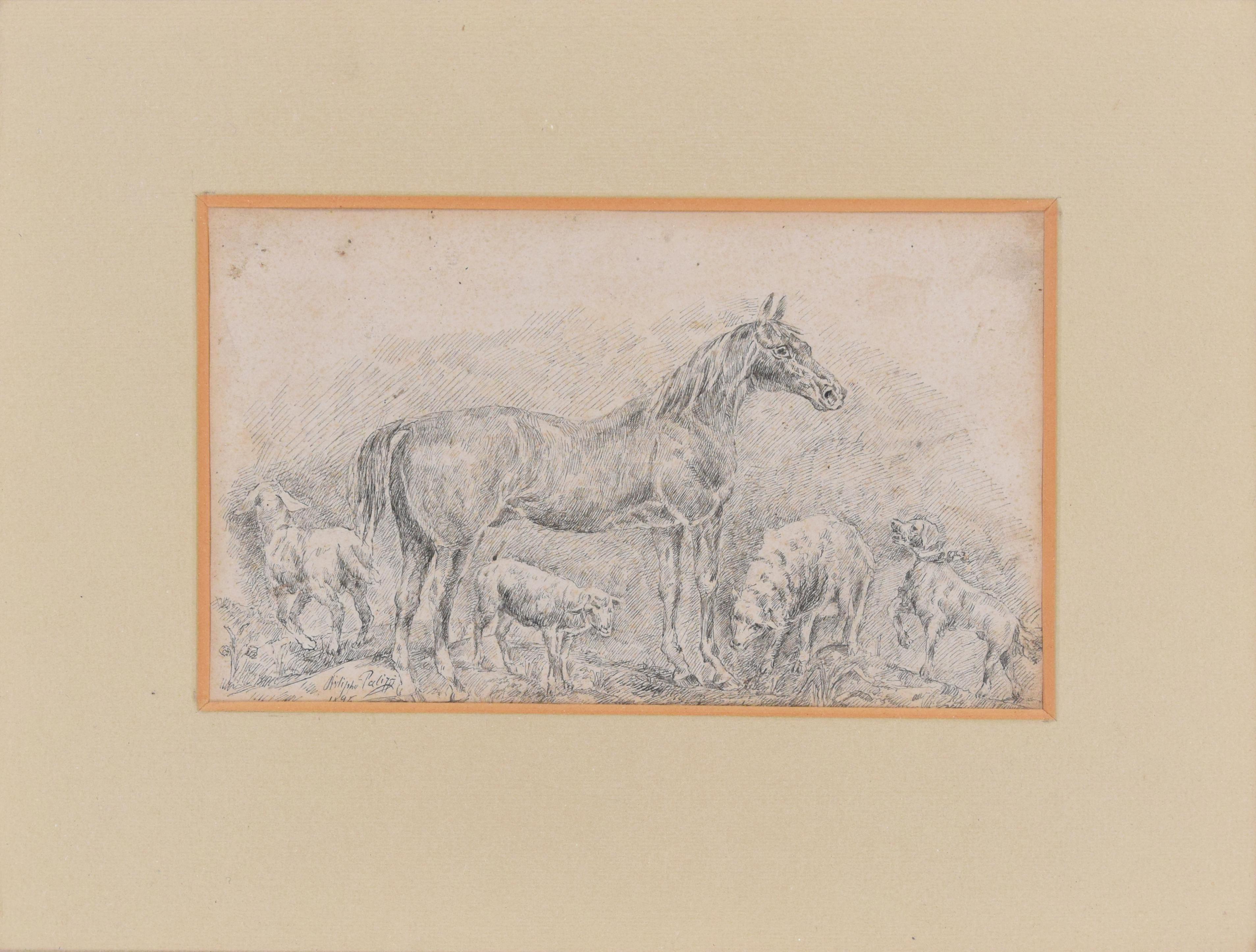 Horse with Herds - China Ink Drawing by Filippo Palizzi - 1895 For Sale 1