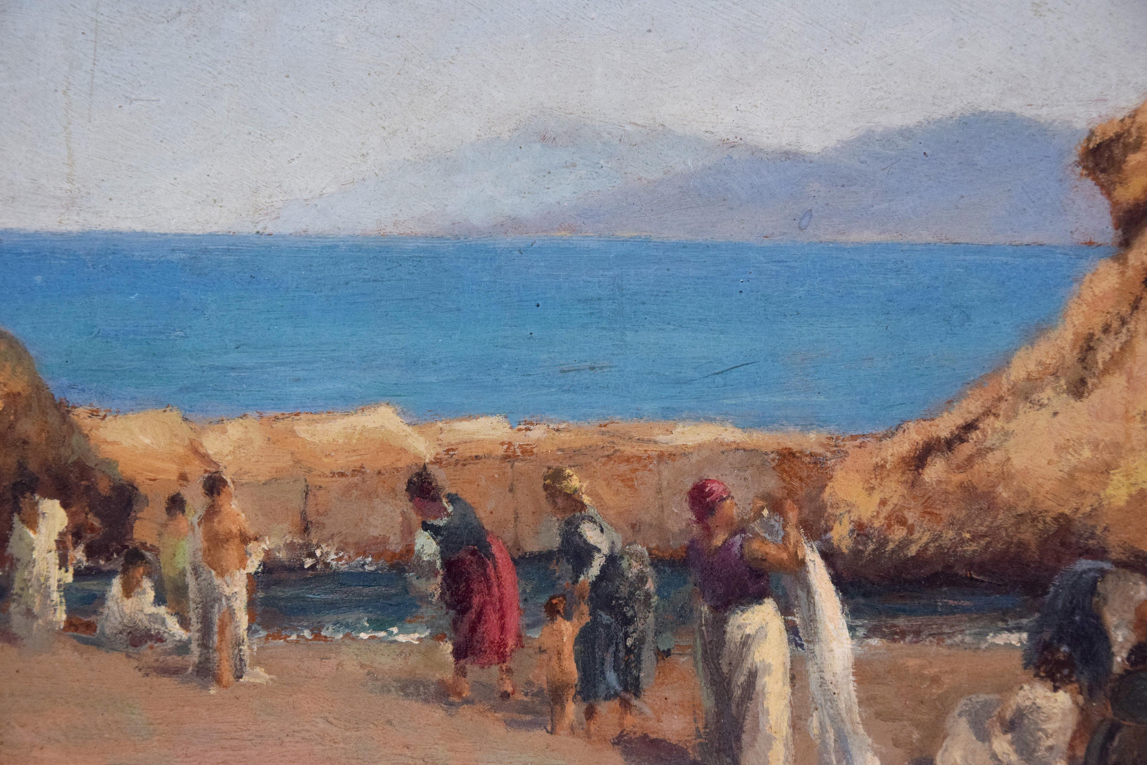 Women on the beach in beautiful early 20th century oil painting, by the Italian artist, Domenico Colao (1881-1943).

Hand-signed in brown oil on lower right corner.

This relaxing original painting, except for some imperceptible color peelings on