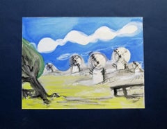 Windmills - Original Tempera on Paper by Maurice Rouzée - 1940s