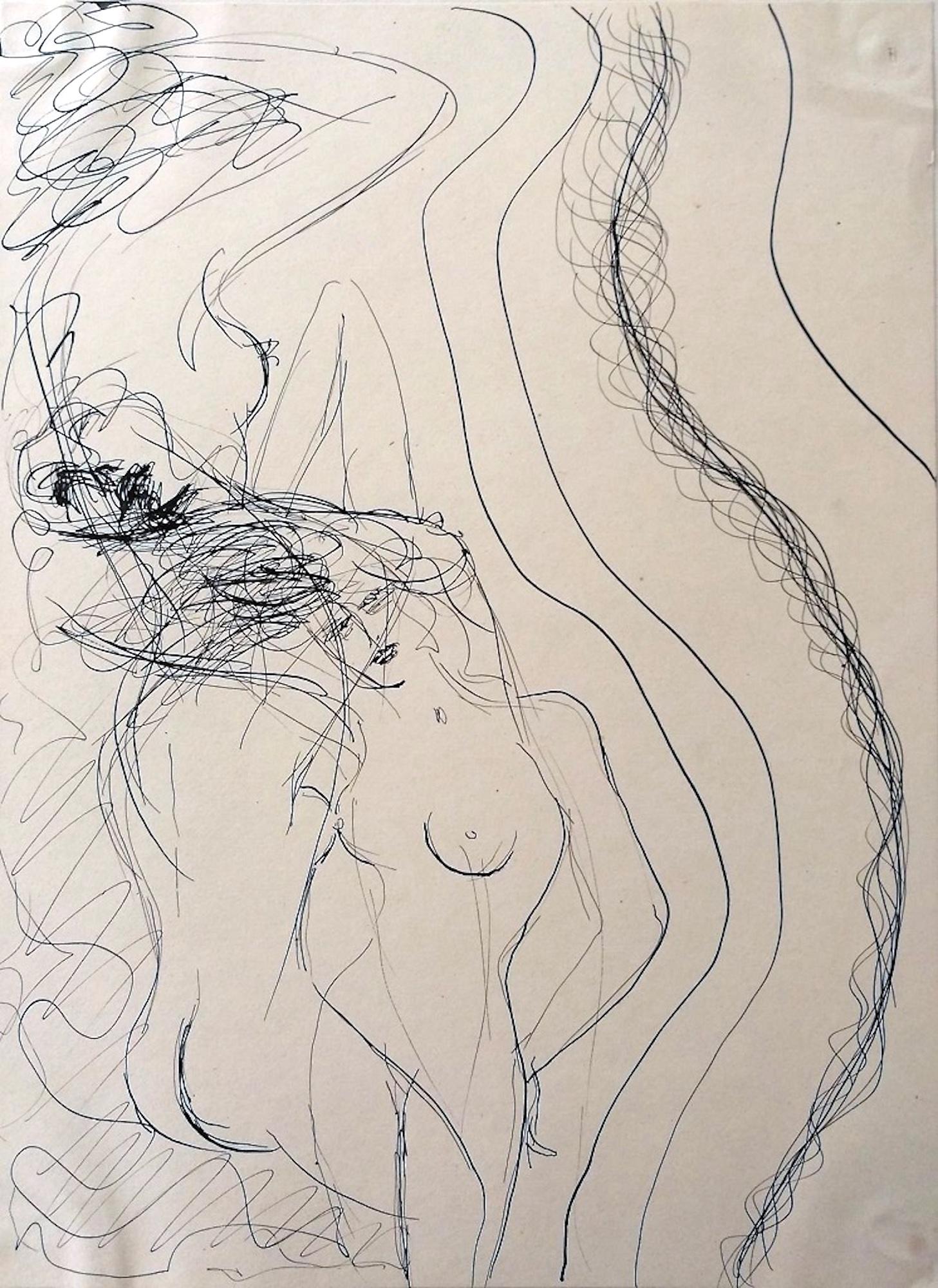 Female Nudes is an original artwork realized by Maurice Rouzée in the 1940s. China ink on paper. The artwork is glued on a paper sheet. The artwork is in good conditions, though it has some folds on the upper margin. 

The drawing represents two