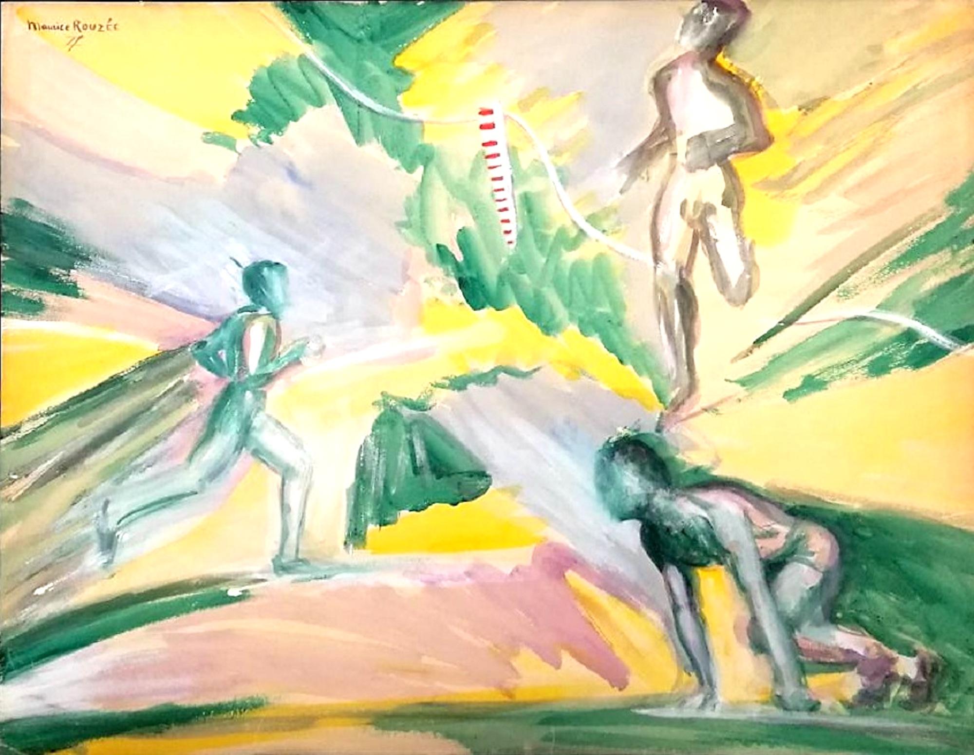 The Runner is an original artwork realized by Maurice Rouzée in the 1940s. Signed by the artist on the upper left margin. Good conditions, except for a small fold on the lower margin. 

The artwork represents a composition with three figures in