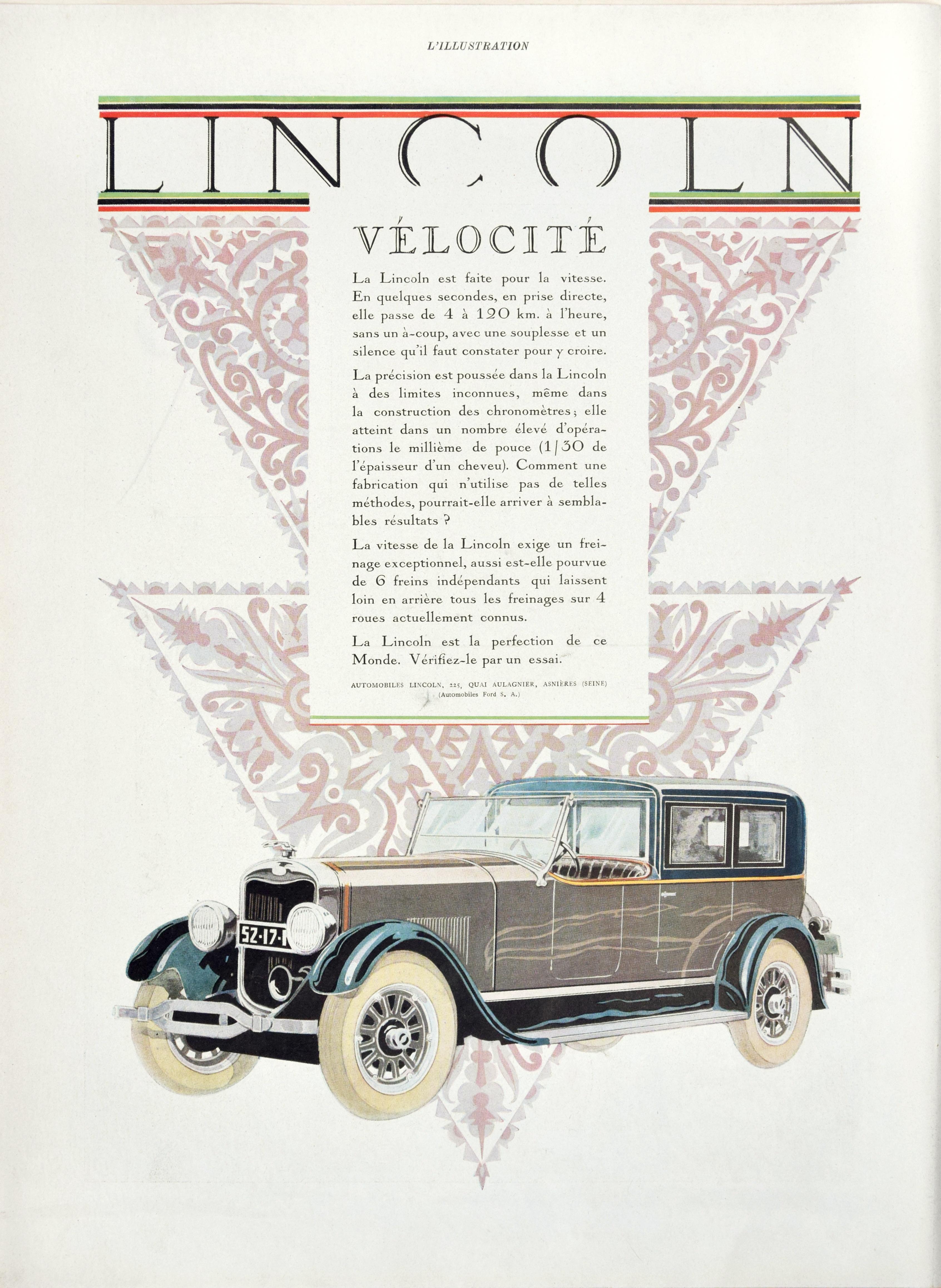 Lincoln Velocity - Affiche publicitaire originale vintage sur papier - 1927 - Art déco Art par Unknown