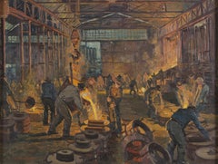 Vintage Interior of a Foundry - Original Oil on Canvas by H. C. Berke - Mid 1900