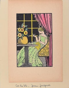 Sewing Woman - Original Woodcut by J.J. Coleth - 1920/40