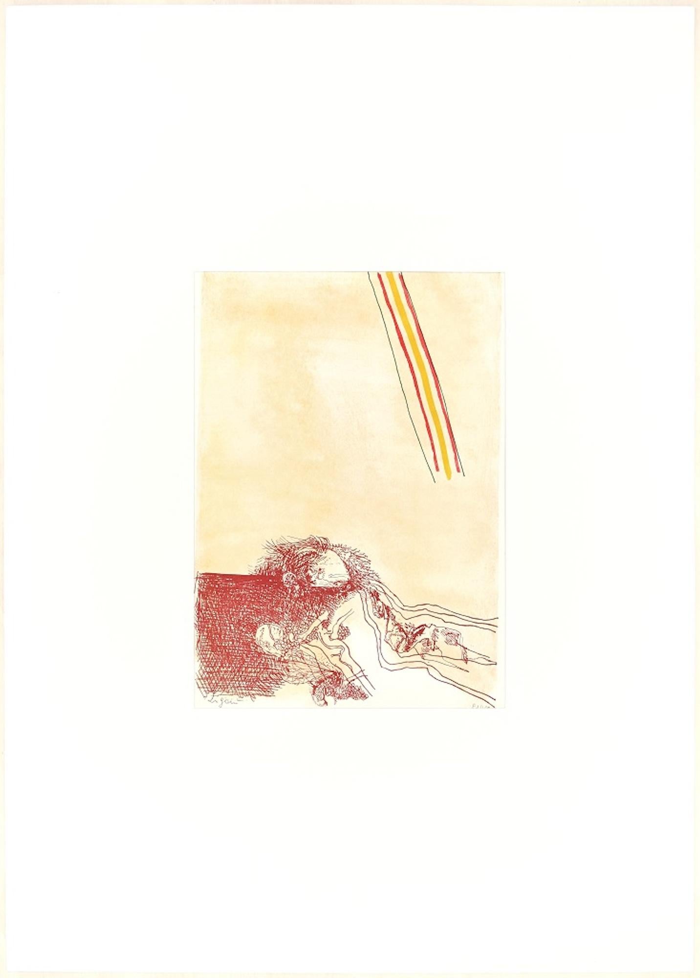 Untitled is a wonderful colored lithograph on paper, realized at the end of XX century by the Italian artist, Giuseppe Zigaina, and published by La Nuova Foglio, the publishing house of Macerata, as it is impressed on the sheet on the lower right