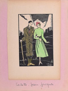 Young Strolling Couple - Original Woodcut by J.J. Coleth - 1920/40