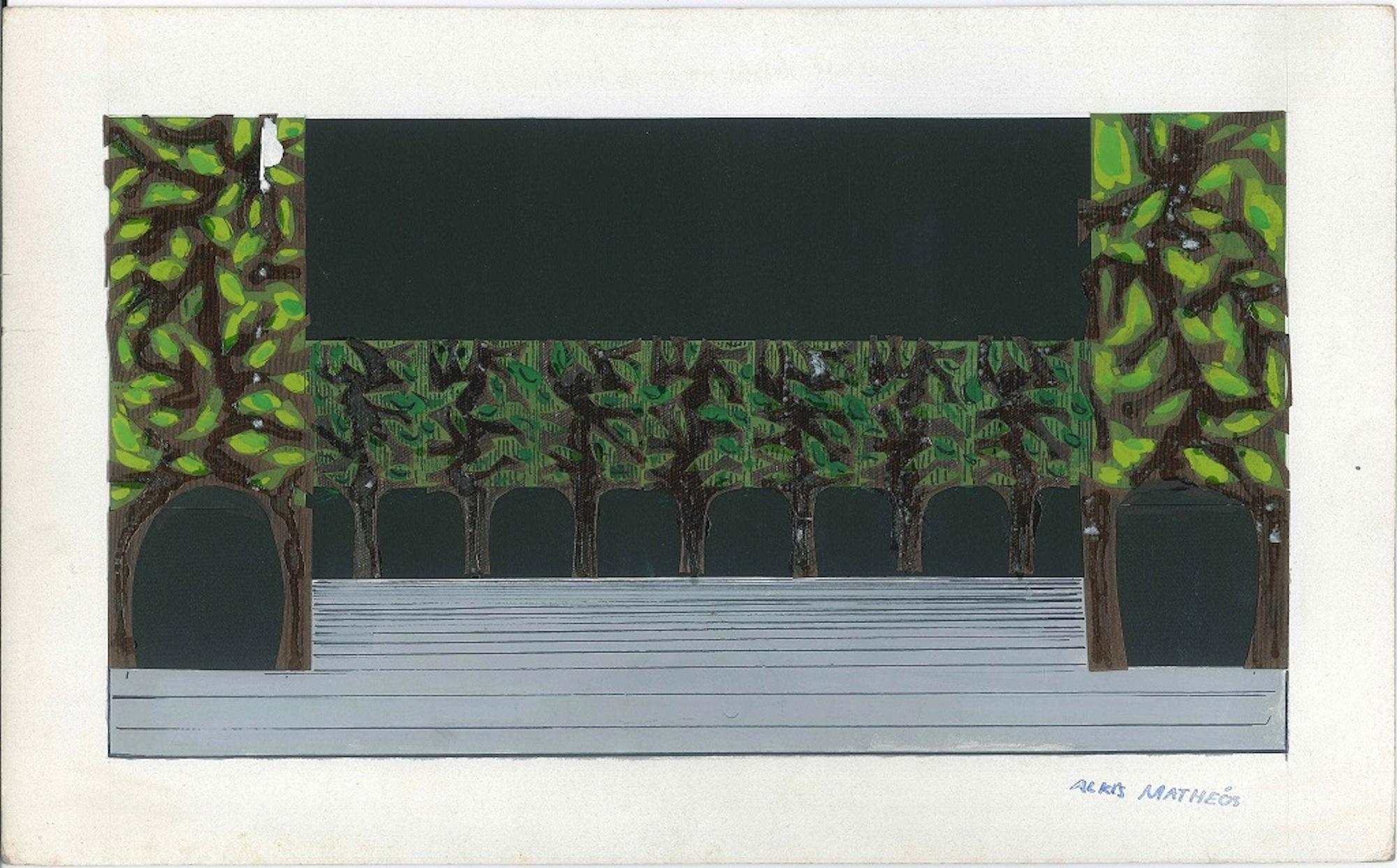 Alkis Matheos Landscape Art - Green Portico - Original Mixed Media on Cardboard by A. Matheos 