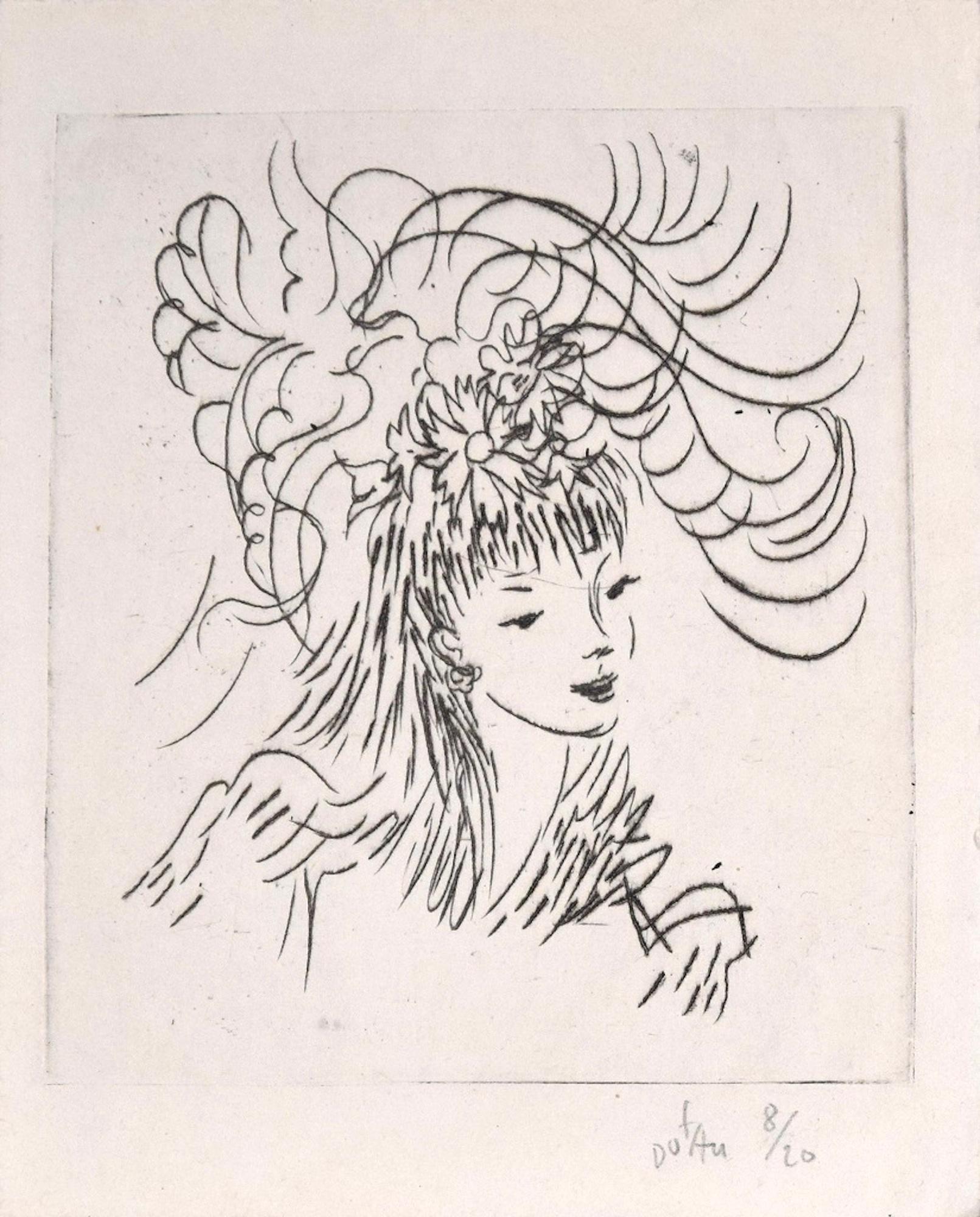 Amandine Doré Figurative Print - Woman with Flowery Hairstyle - Etching ad Drypoint by A. Doré - 1950s