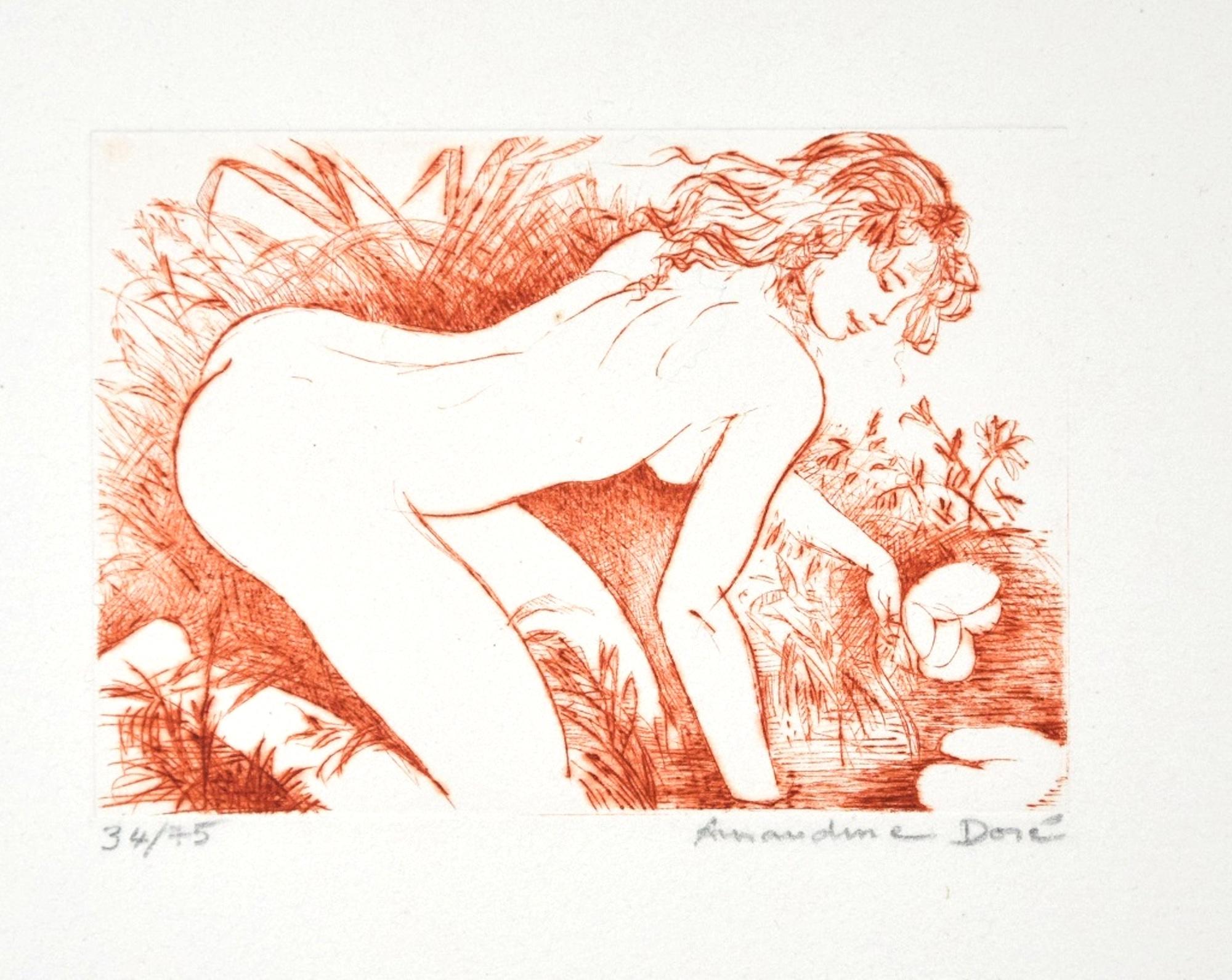 Amandine Doré Figurative Print - Nénuphar - Original Etching ad Drypoint by A. Doré - 1950s