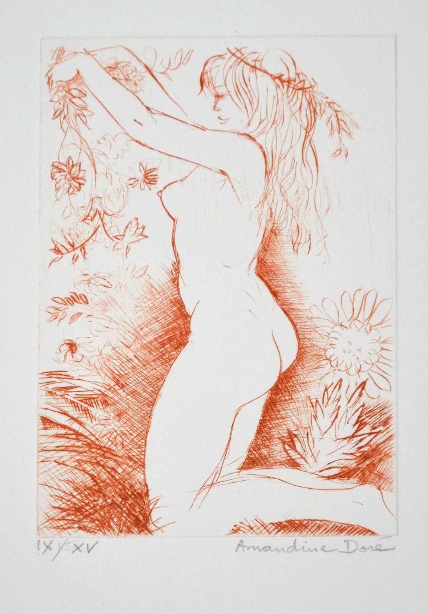 Nude Woman with Flowers - Original Etching ad Drypoint by A. Doré - 1950s - Print by Amandine Doré