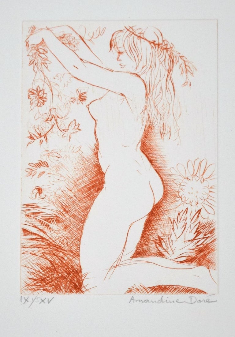 Amandine Dore Nude Woman With Flowers Original Etching Ad