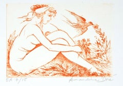 Vintage Nude Woman with Swallow - Original Etching ad Drypoint by A. Doré - 1950s