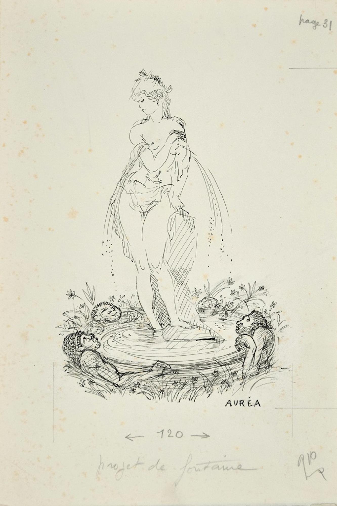 Amandine Doré Figurative Art - Projet de Fontaine - Ink Drawing by A. Doré 