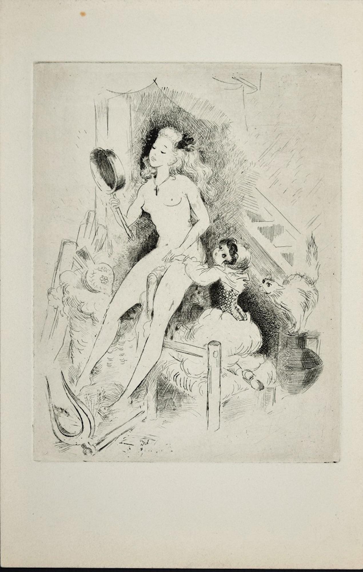 Amandine Doré Figurative Print – Erotice Szene – Original-Radierung mit Kaltnadelradierung von A. Doré – 1950er Jahre