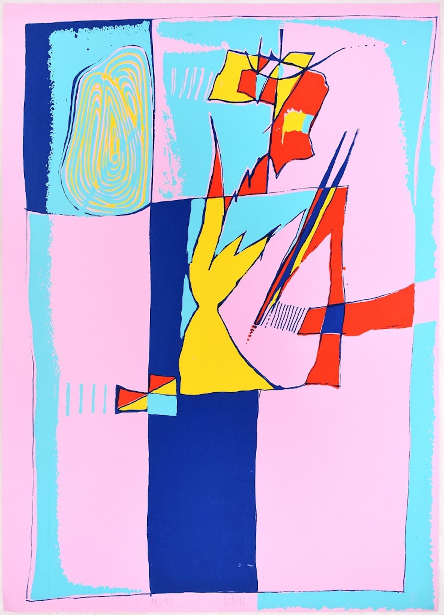 Untitled composition is a colored serigraph on  a pink colored paper, realized in the Seventies of XX century by the Italian artist, Wladimiro Tulli, published by La Nuova Foglio, a publishing house of Macerata as the dry-stamp reports on lower