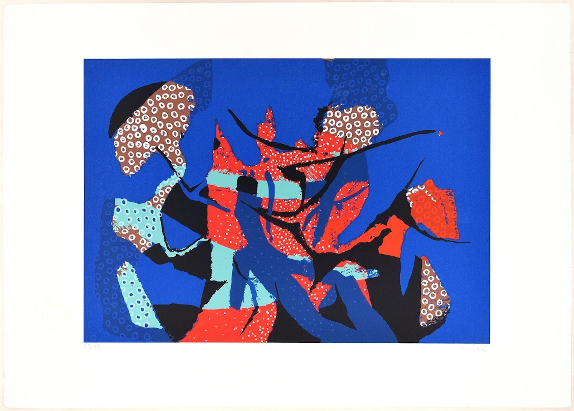 Image dimensions: 35x50 cm.

Blue composition is a colored serigraph on Fabriano watermarked paper, realized in the Seventies of XX century by the Italian artist, Wladimiro Tulli, published by La Nuova Foglio, a publishing house of